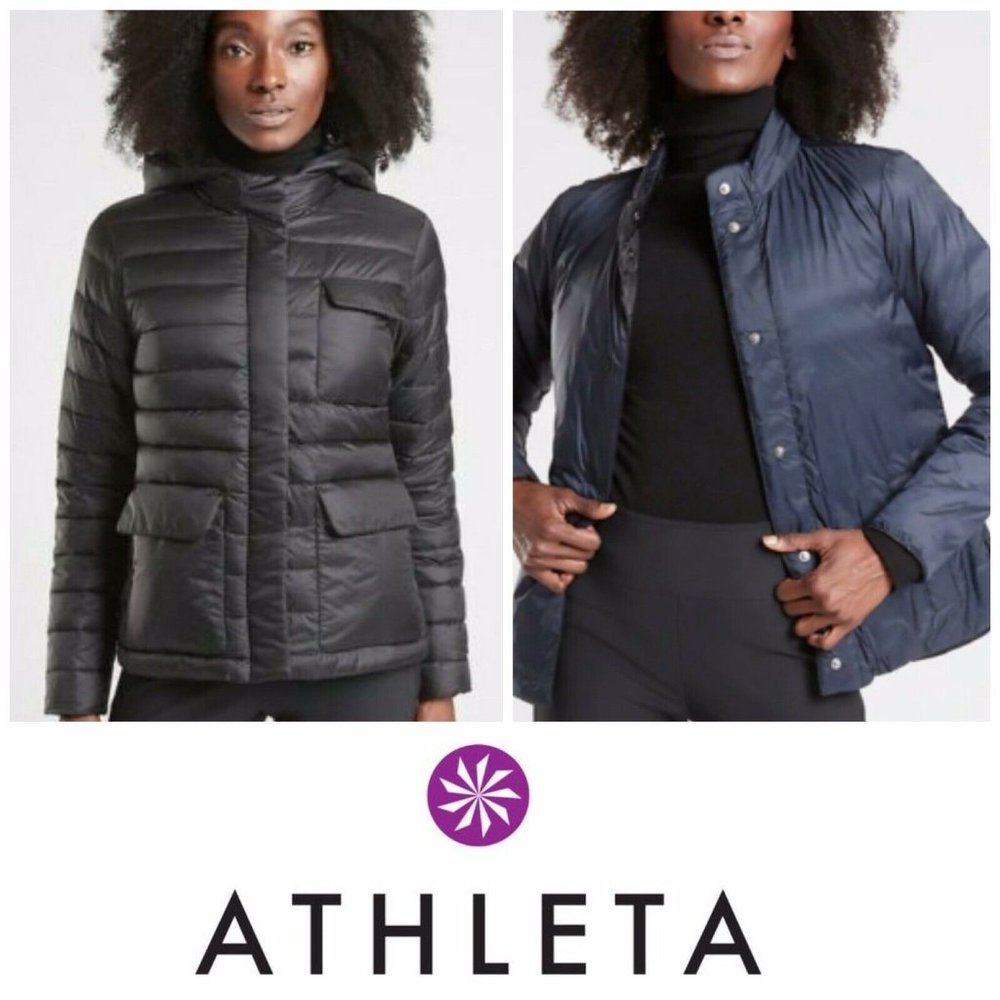 NWT! Athleta Pulse Reversible Down Hooded Jacket Black & Navy Size Med $158.00